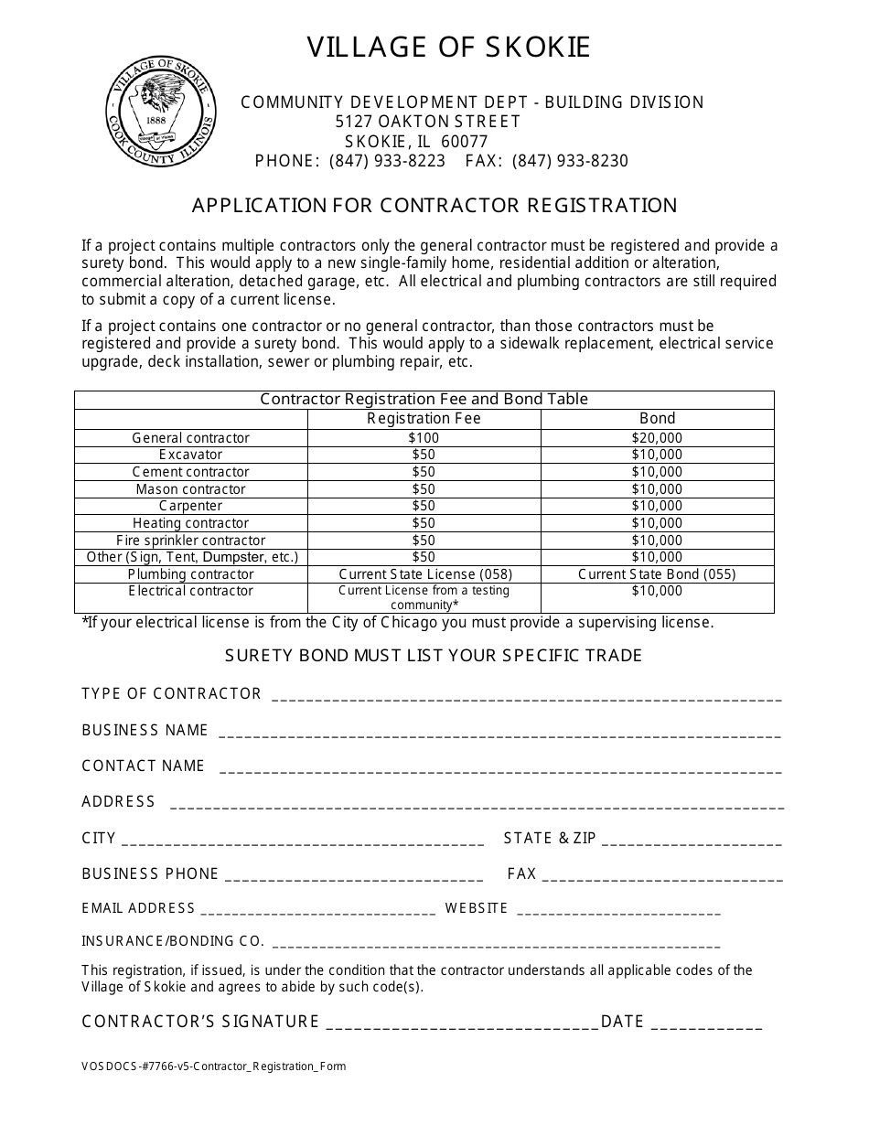 Village of Skokie, Illinois Application for Contractor Registration