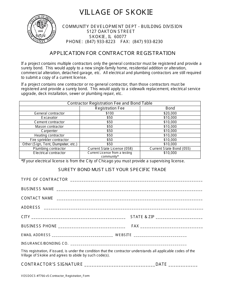 Application for Contractor Registration - Village of Skokie, Illinois, Page 1