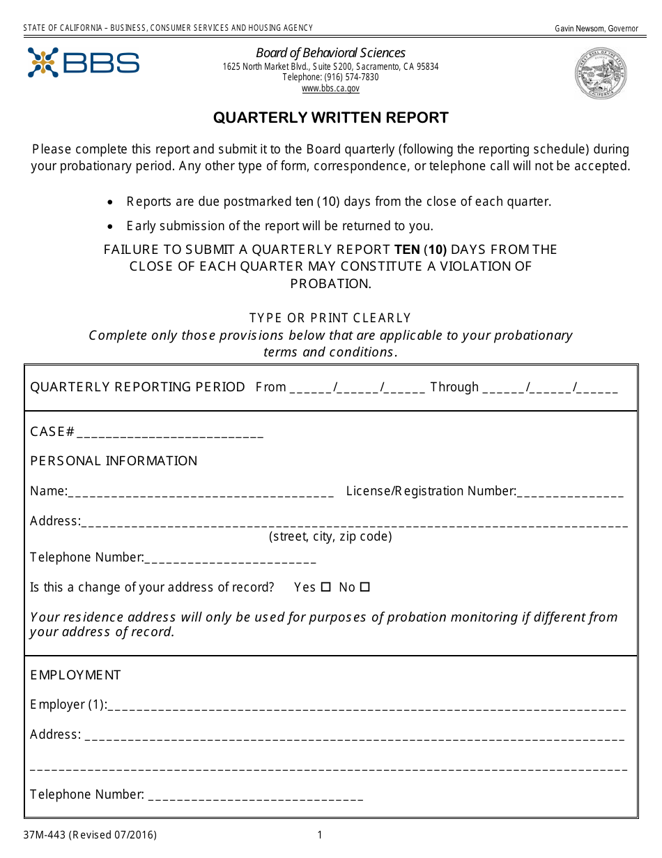 Form 37M-443 Quarterly Written Report - California, Page 1