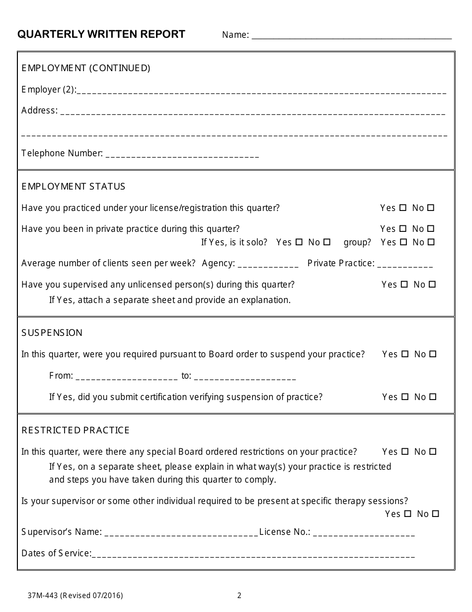 Form 37M-443 Quarterly Written Report - California, Page 2