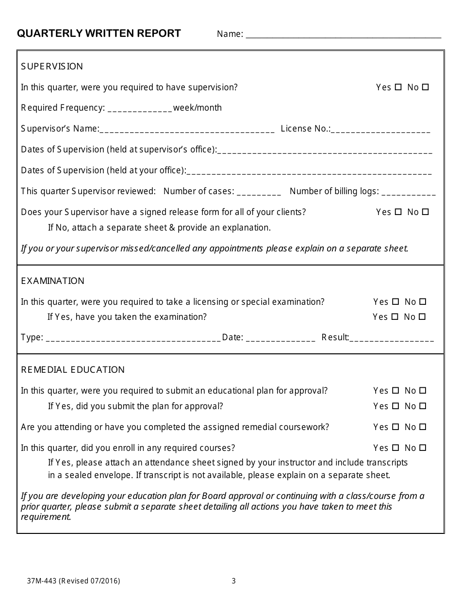 Form 37M-443 Quarterly Written Report - California, Page 3