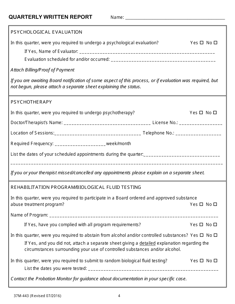 Form 37M-443 Quarterly Written Report - California, Page 4