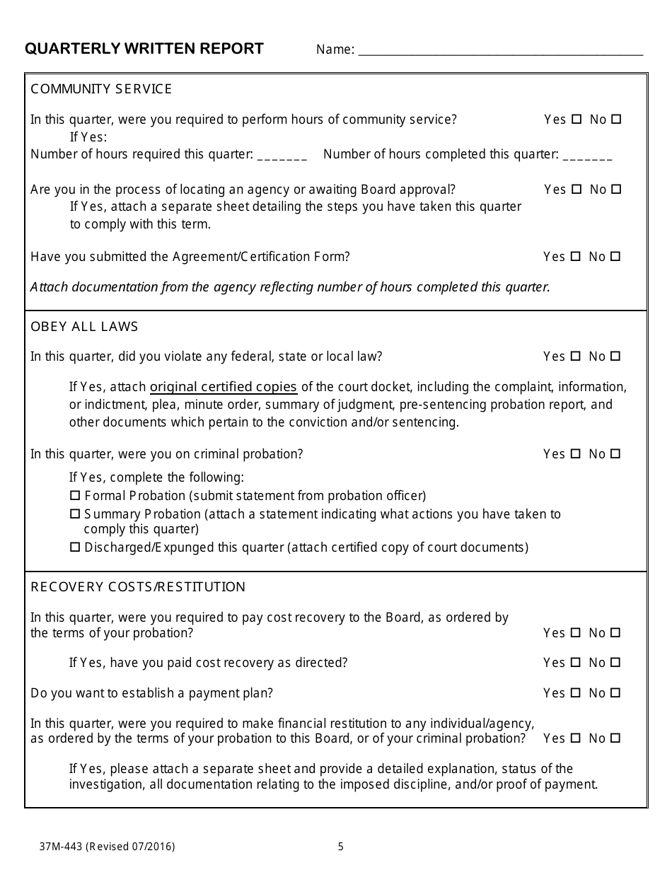 Form 37M-443 Quarterly Written Report - California, Page 5