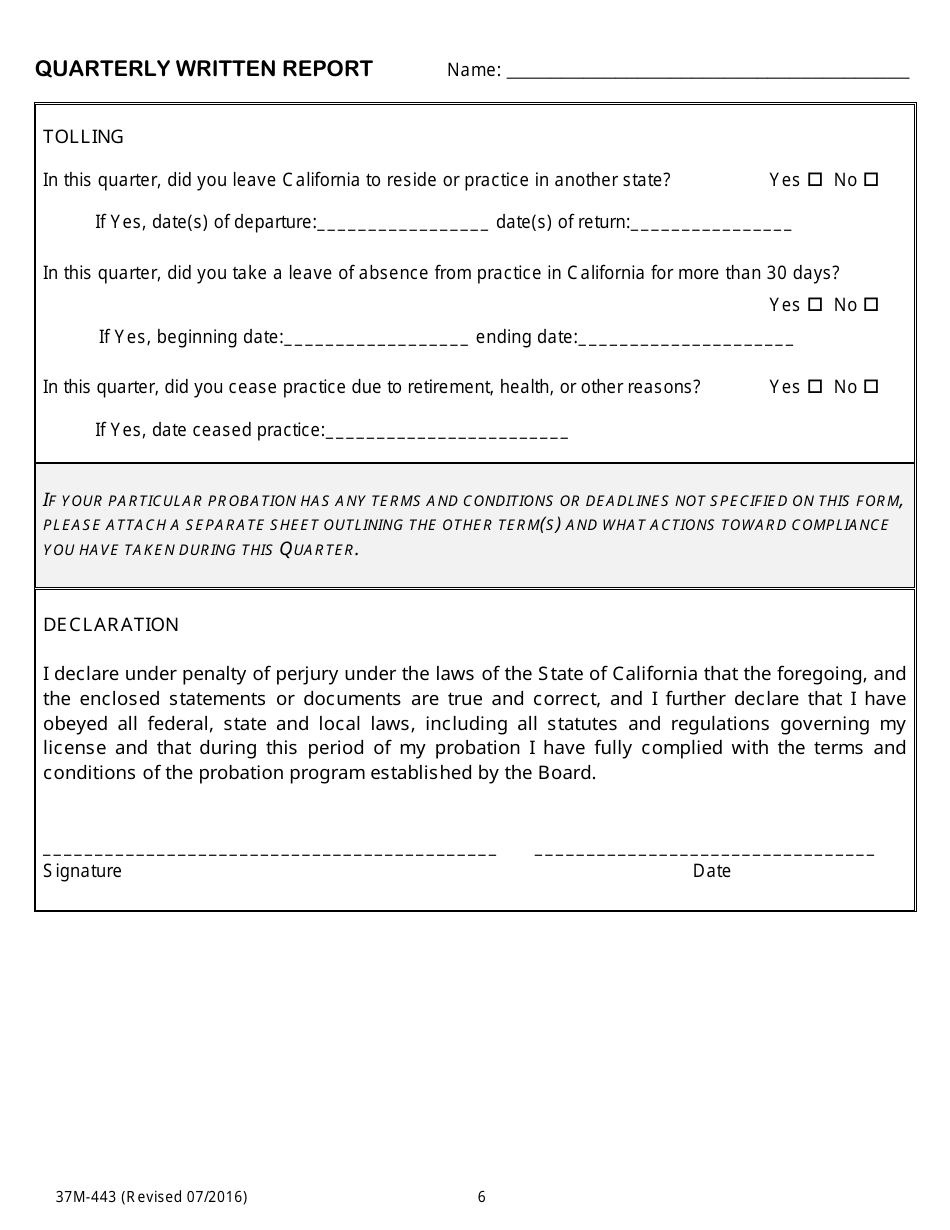 Form 37M-443 Quarterly Written Report - California, Page 6