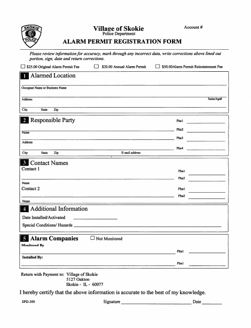 Form SPD-300 Alarm Permit Registration Form - Illinois