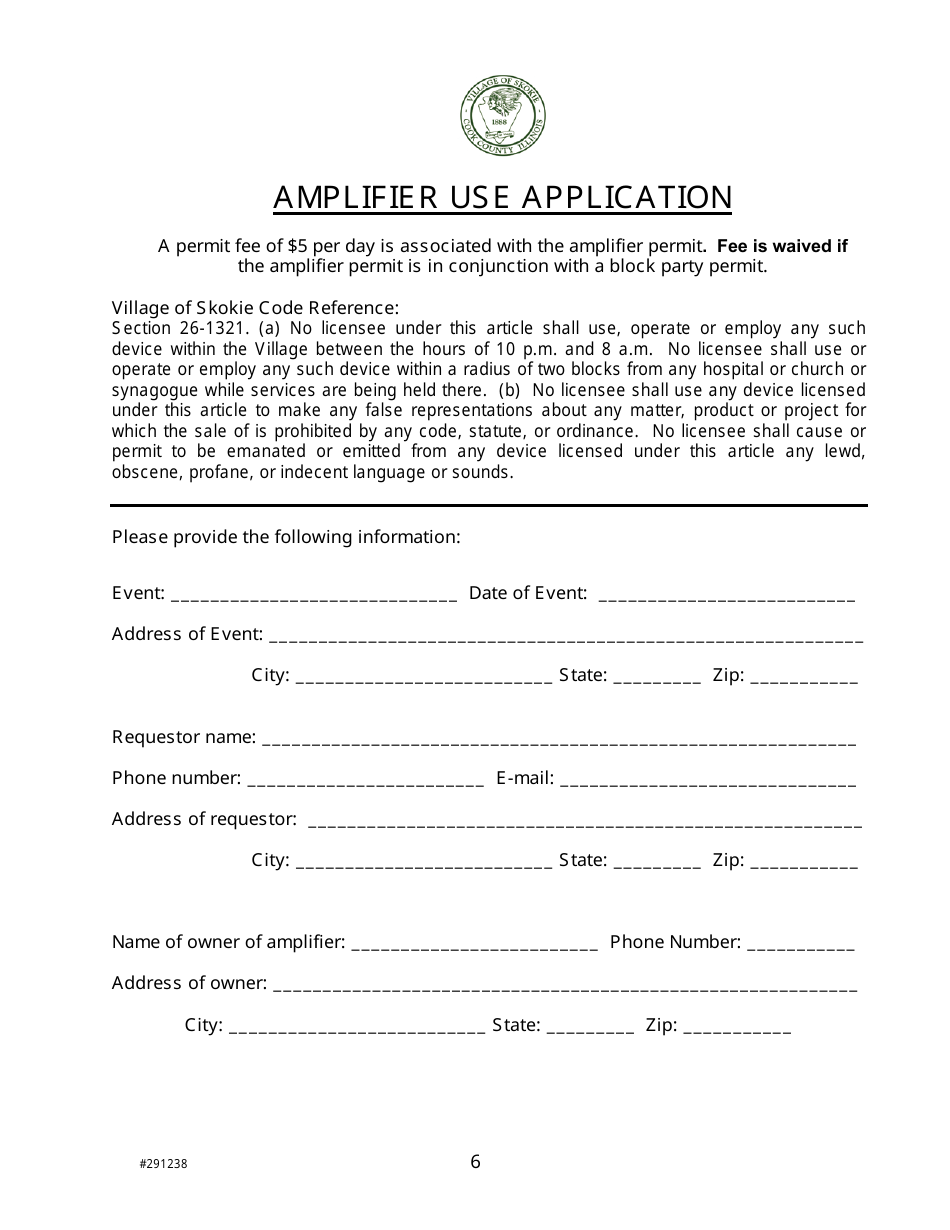 Village of Skokie, Illinois Amplifier Use Application - Fill Out, Sign ...