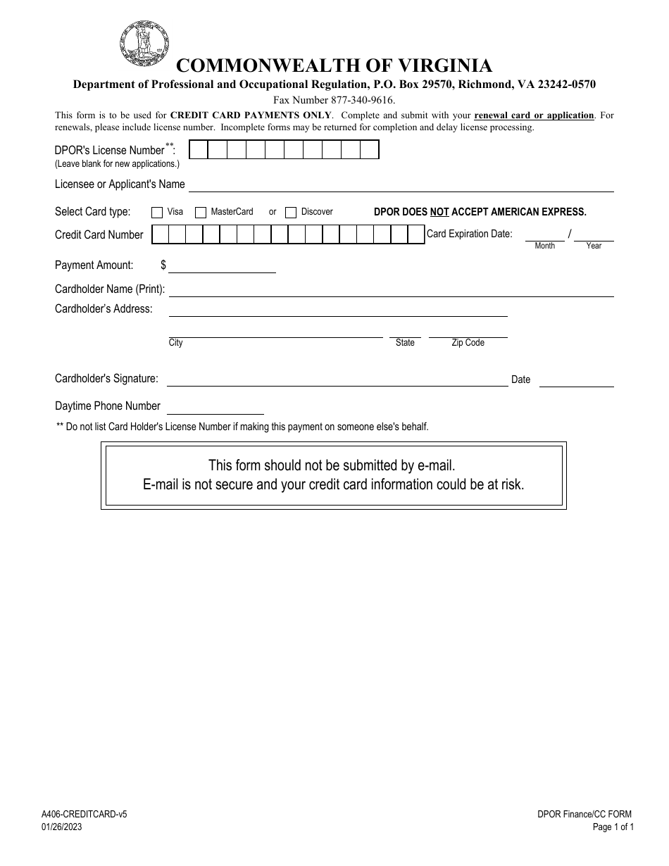 Form A406-CREDITCARD Credit Card Payment Form - Virginia, Page 1