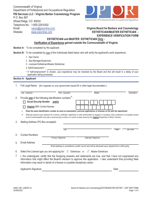 Form A450-1261_64EXP Esthetician/Master Esthetician - Experience Verification Form - Virginia