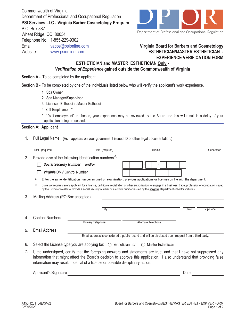 Form a450 1261 64exp download fillable pdf or fill online esthetician