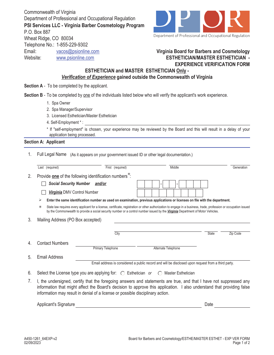 Form A450-1261_64EXP Esthetician / Master Esthetician - Experience Verification Form - Virginia, Page 1