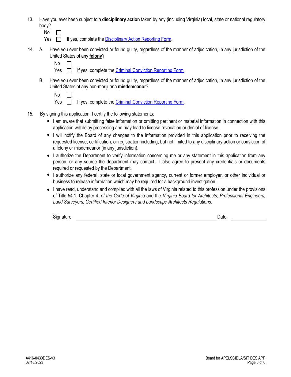 Form A416-0430DES Certified Interior Designers and Landscape Architects Surveyor-In-training Designation Application - Virginia, Page 5