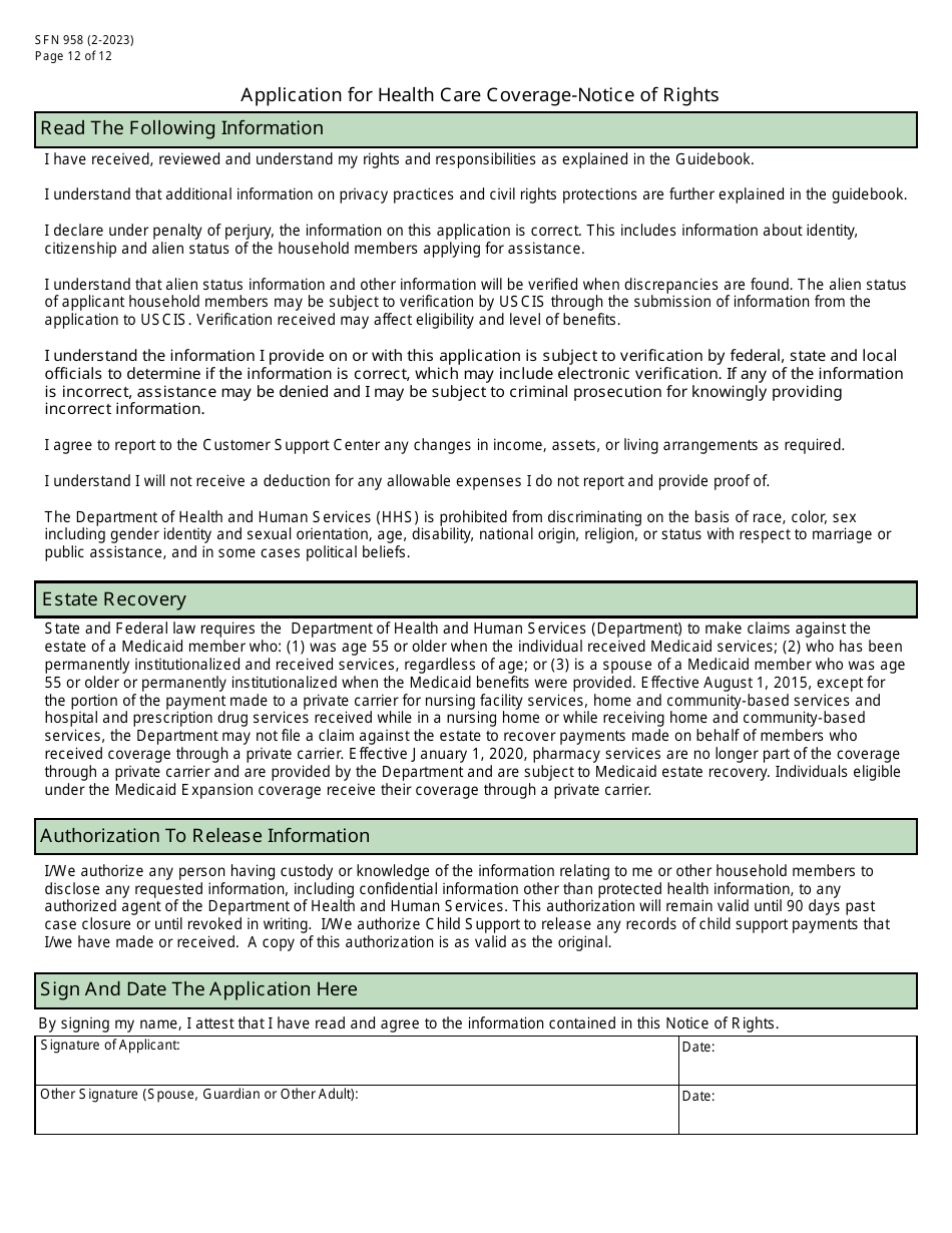 Form SFN958 Health Care Application for the Elderly and Disabled - North Dakota, Page 12