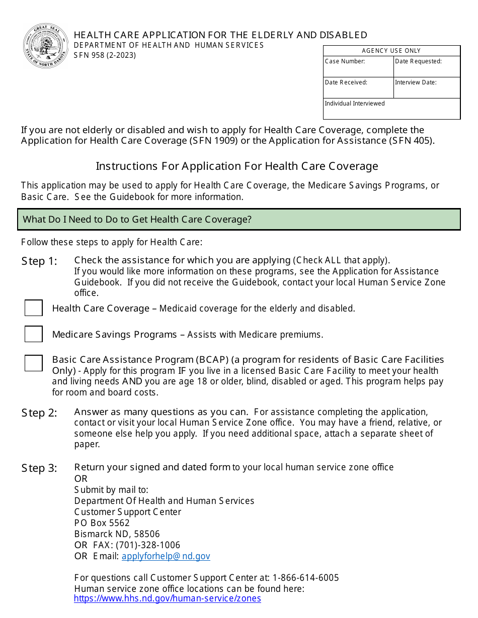 Form SFN958 Health Care Application for the Elderly and Disabled - North Dakota, Page 1