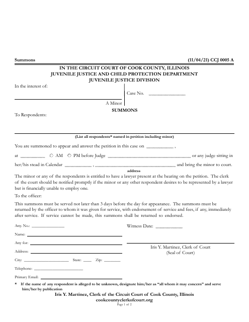 Form CCJ0005 Summons - Cook County, Illinois