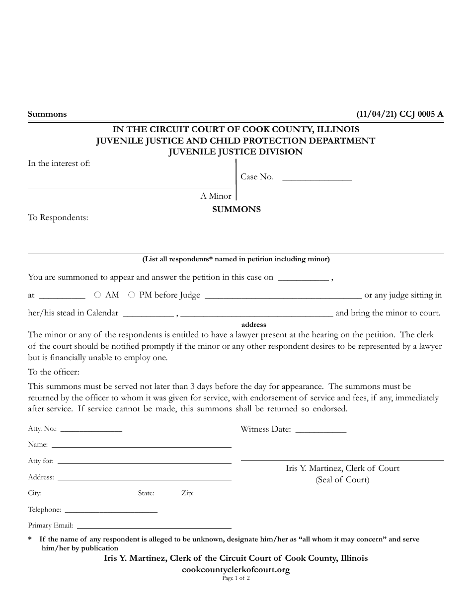 Form CCJ0005 Summons - Cook County, Illinois, Page 1