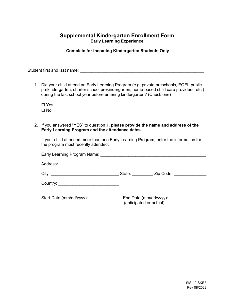 Form SIS-10 SKEF Supplemental Kindergarten Enrollment Form - Hawaii, Page 1