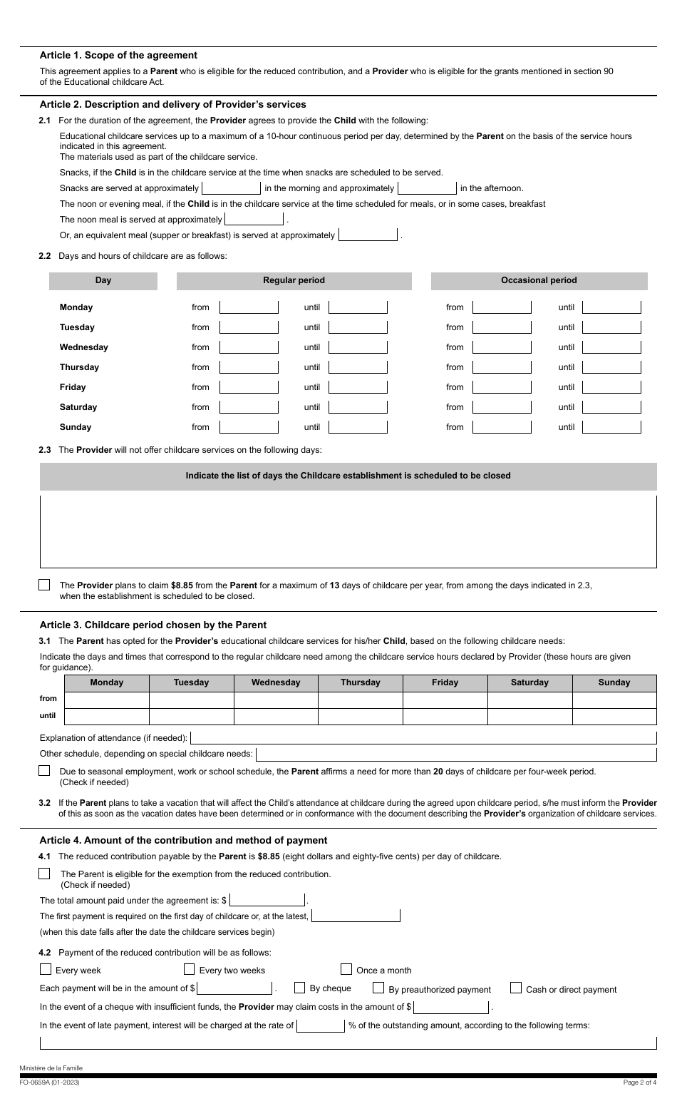 Form FO-0659A Subsidized Educational Daycare Service Agreement - Quebec, Canada, Page 2