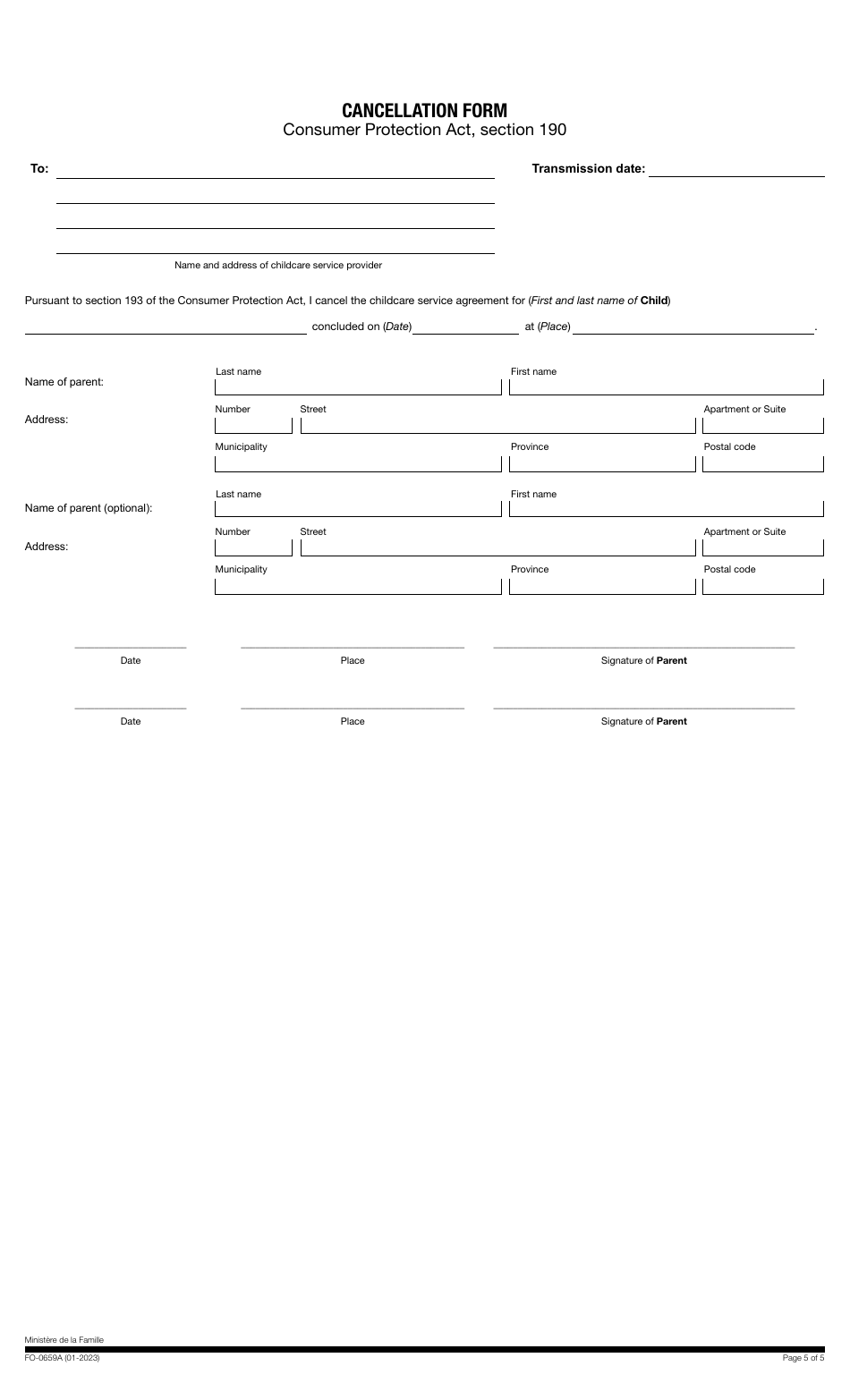 Form FO-0659A Subsidized Educational Daycare Service Agreement - Quebec, Canada, Page 5