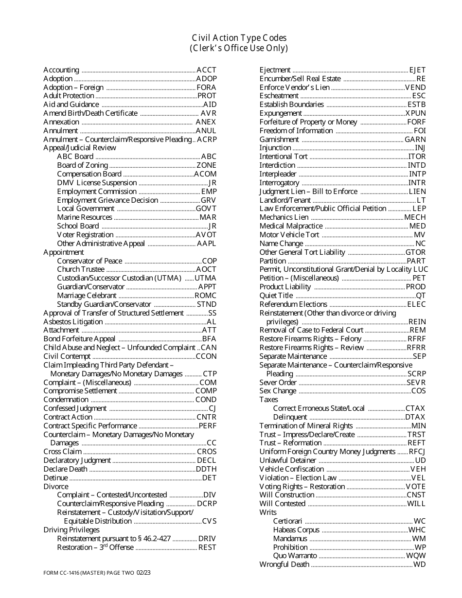 Form CC-1416 Cover Sheet for Filing Civil Actions - Virginia, Page 2