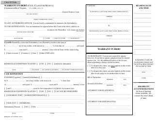 Document preview: Form DC-412 Warrant in Debt (Civil Claim for Money) - Virginia