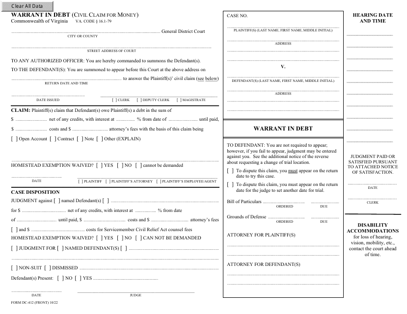 Form DC-412 Warrant in Debt (Civil Claim for Money) - Virginia