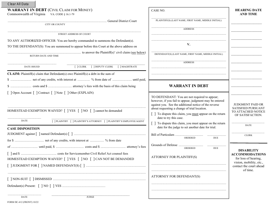 Form DC-412 Warrant in Debt (Civil Claim for Money) - Virginia, Page 1