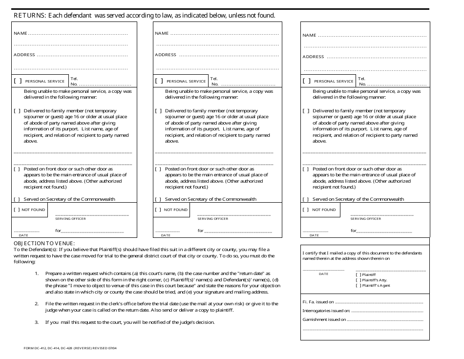 Form DC-412 Warrant in Debt (Civil Claim for Money) - Virginia, Page 2