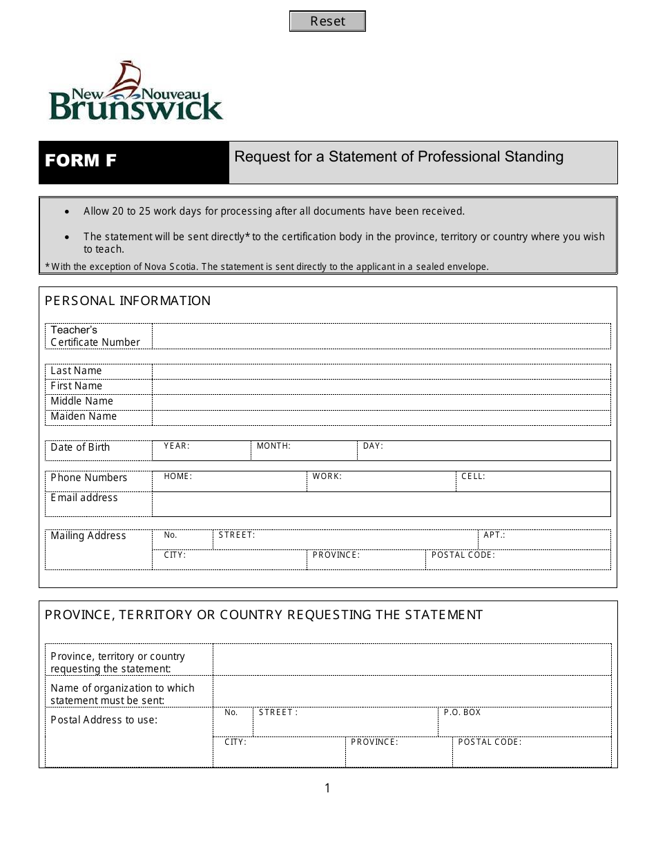 Form F Request for a Statement of Professional Standing - New Brunswick, Canada, Page 1