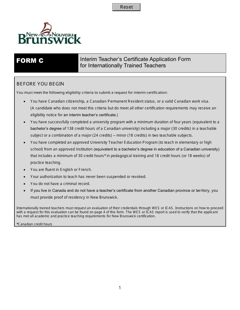 Form C Interim Teacher's Certificate Application Form for Internationally Trained Teachers - New Brunswick, Canada, Page 1