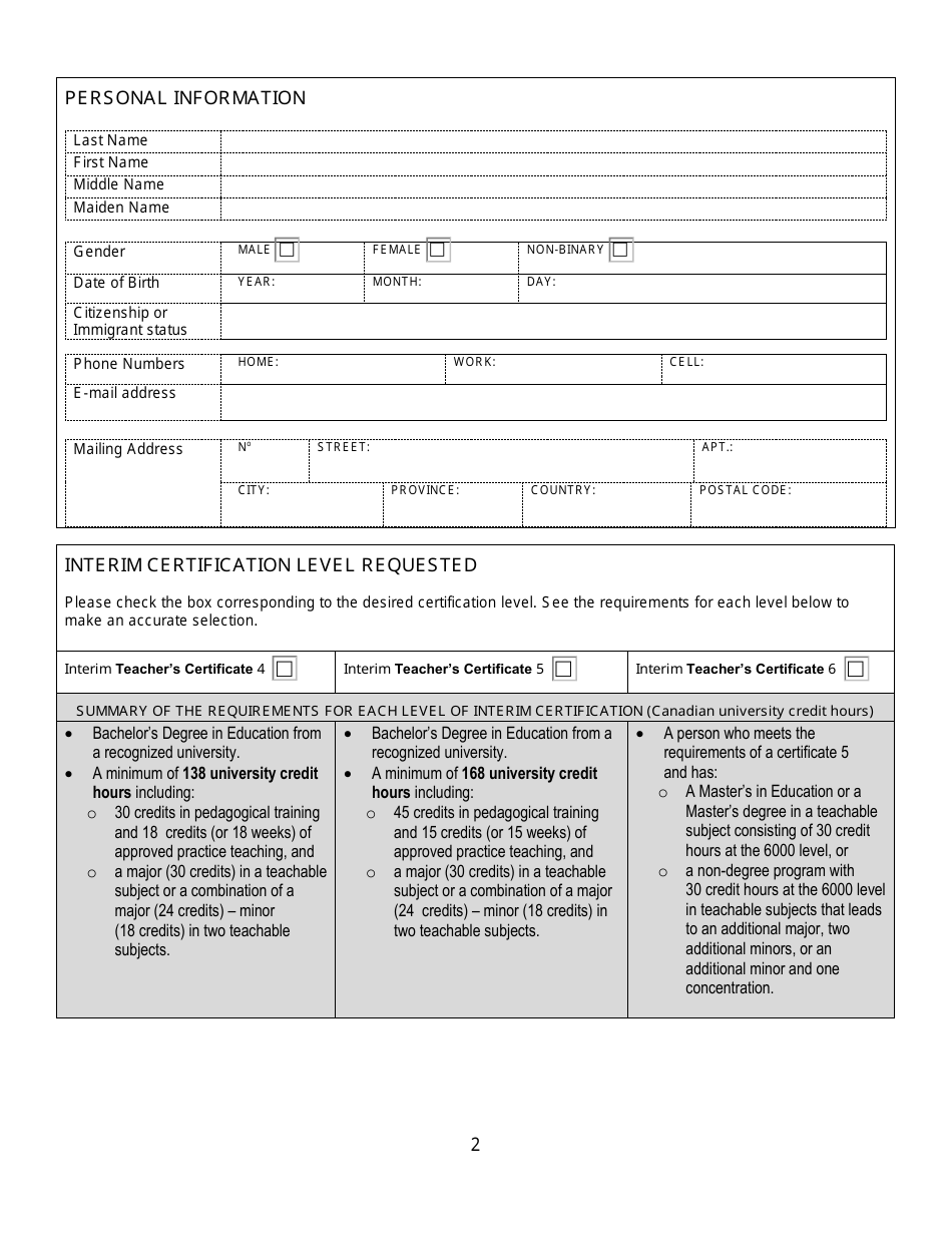 Form C Interim Teachers Certificate Application Form for Internationally Trained Teachers - New Brunswick, Canada, Page 2