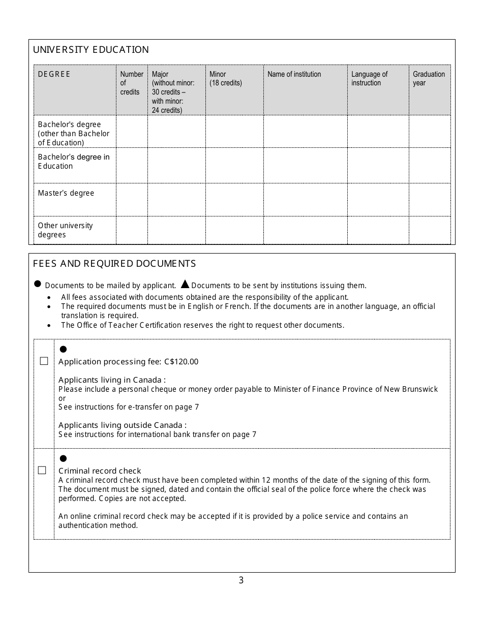 Form C Interim Teachers Certificate Application Form for Internationally Trained Teachers - New Brunswick, Canada, Page 3