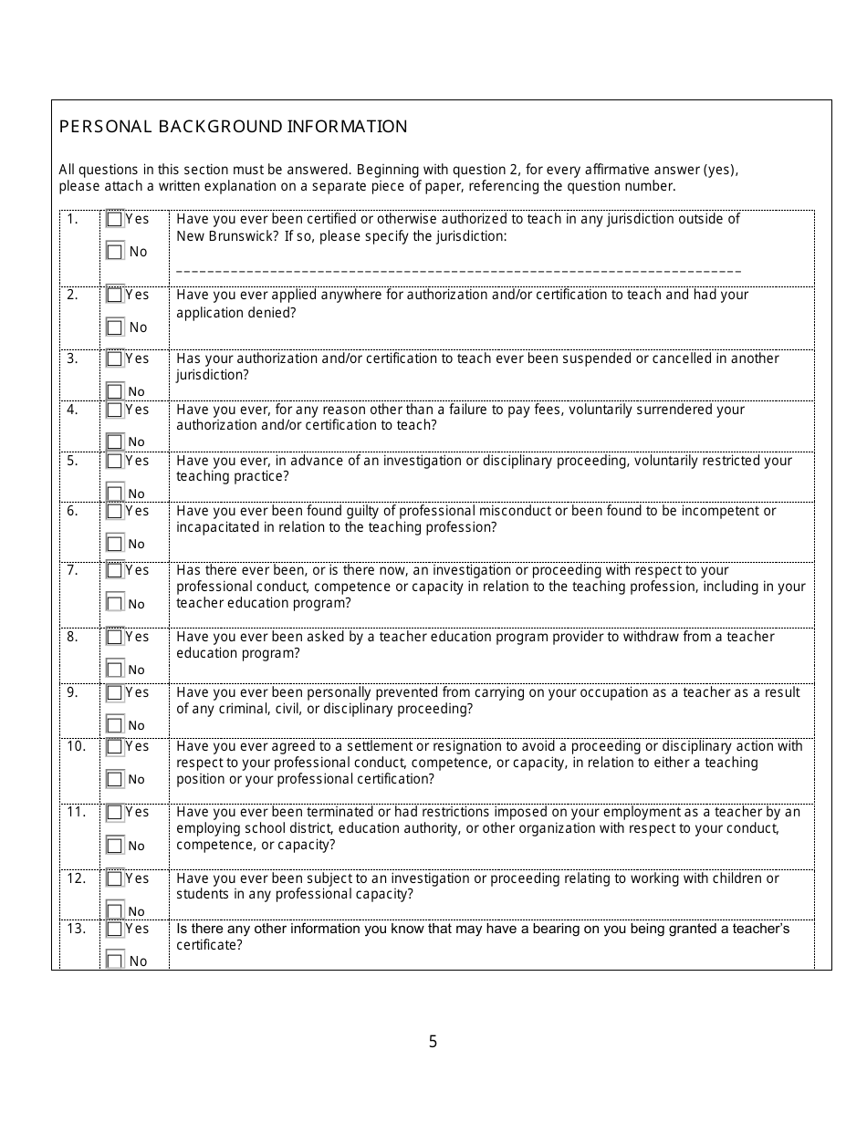 Form C Interim Teachers Certificate Application Form for Internationally Trained Teachers - New Brunswick, Canada, Page 5