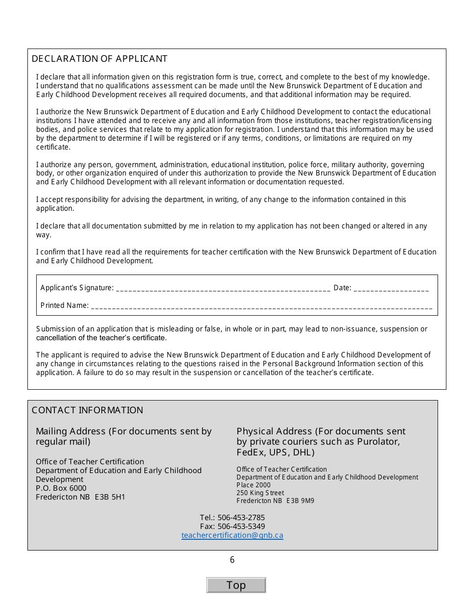 Form C Interim Teachers Certificate Application Form for Internationally Trained Teachers - New Brunswick, Canada, Page 6