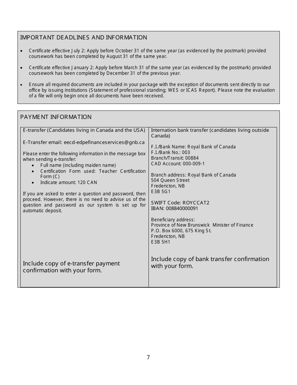 Form C Interim Teachers Certificate Application Form for Internationally Trained Teachers - New Brunswick, Canada, Page 7