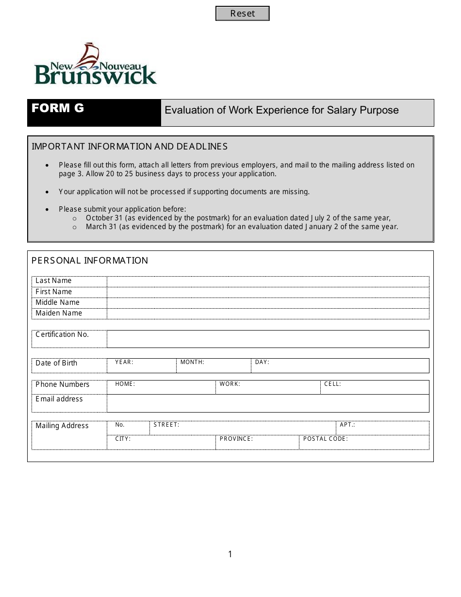 Form G Evaluation of Work Experience for Salary Purpose - New Brunswick, Canada, Page 1