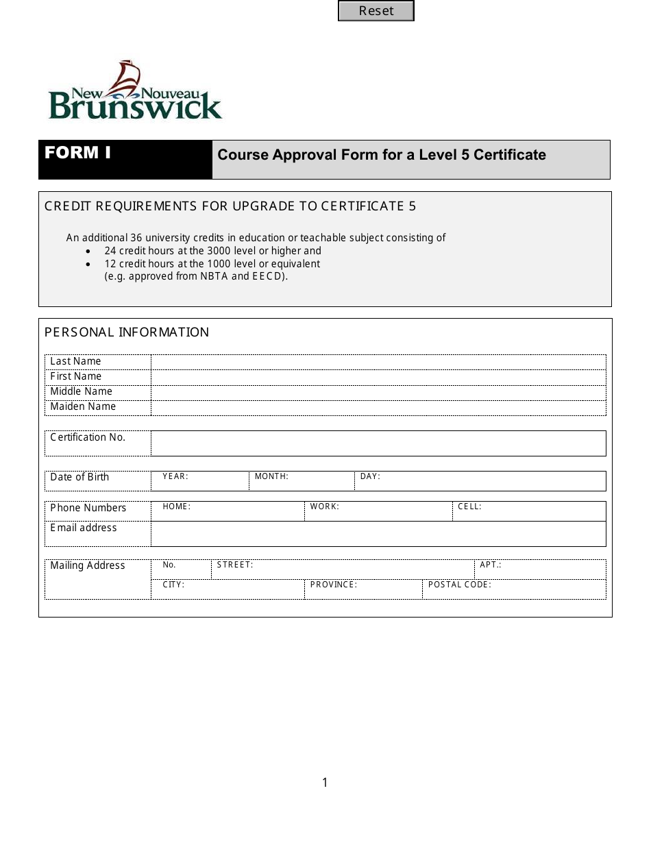 Form I Course Approval Form for a Level 5 Certificate - New Brunswick, Canada, Page 1