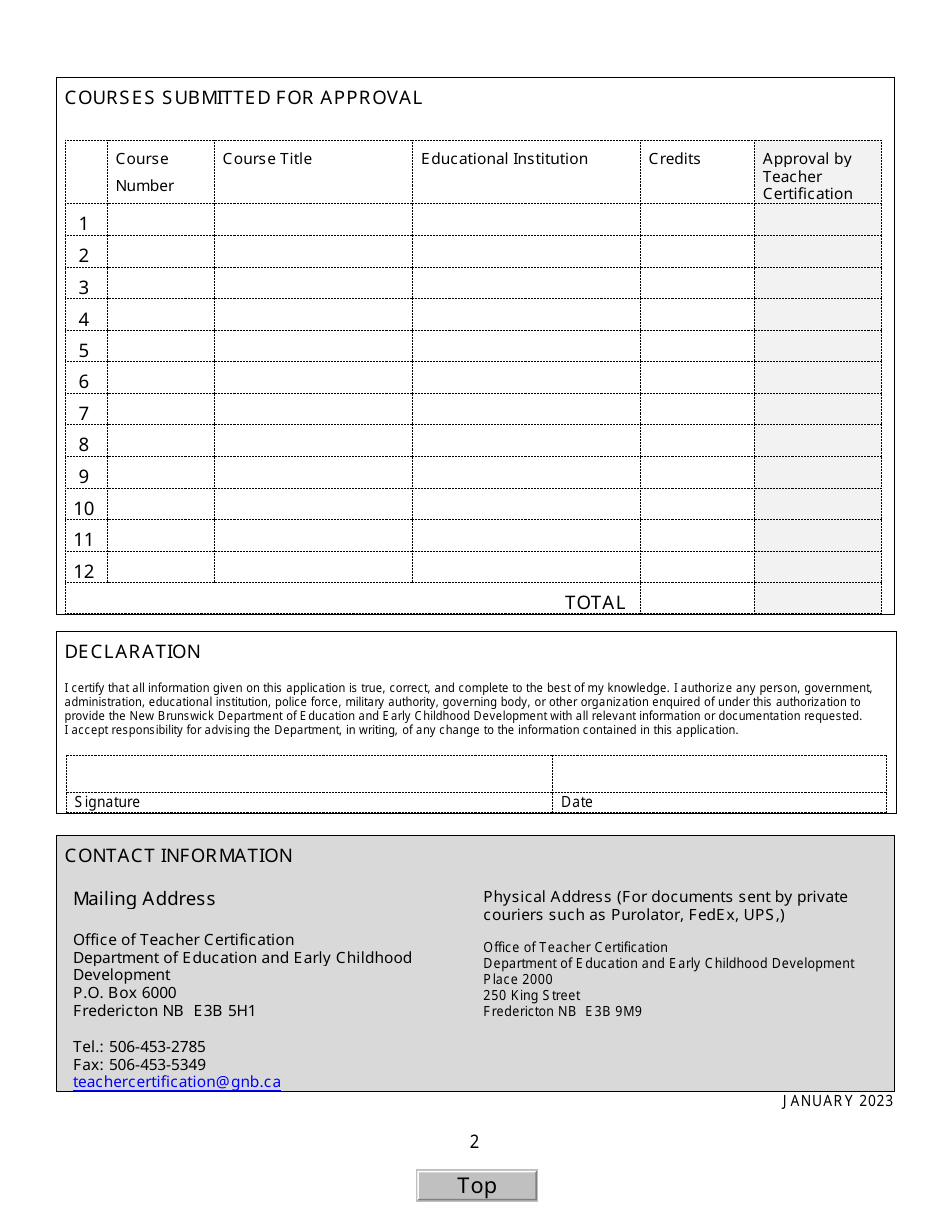Form I Course Approval Form for a Level 5 Certificate - New Brunswick, Canada, Page 2