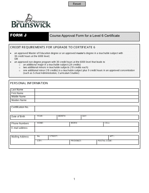 Form J Course Approval Form for a Level 6 Certificate - New Brunswick, Canada