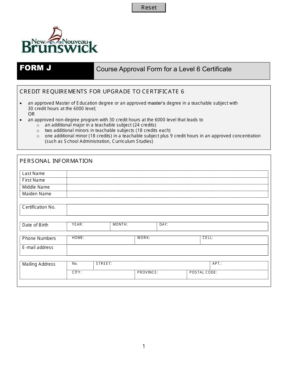Form J Course Approval Form for a Level 6 Certificate - New Brunswick, Canada, Page 1