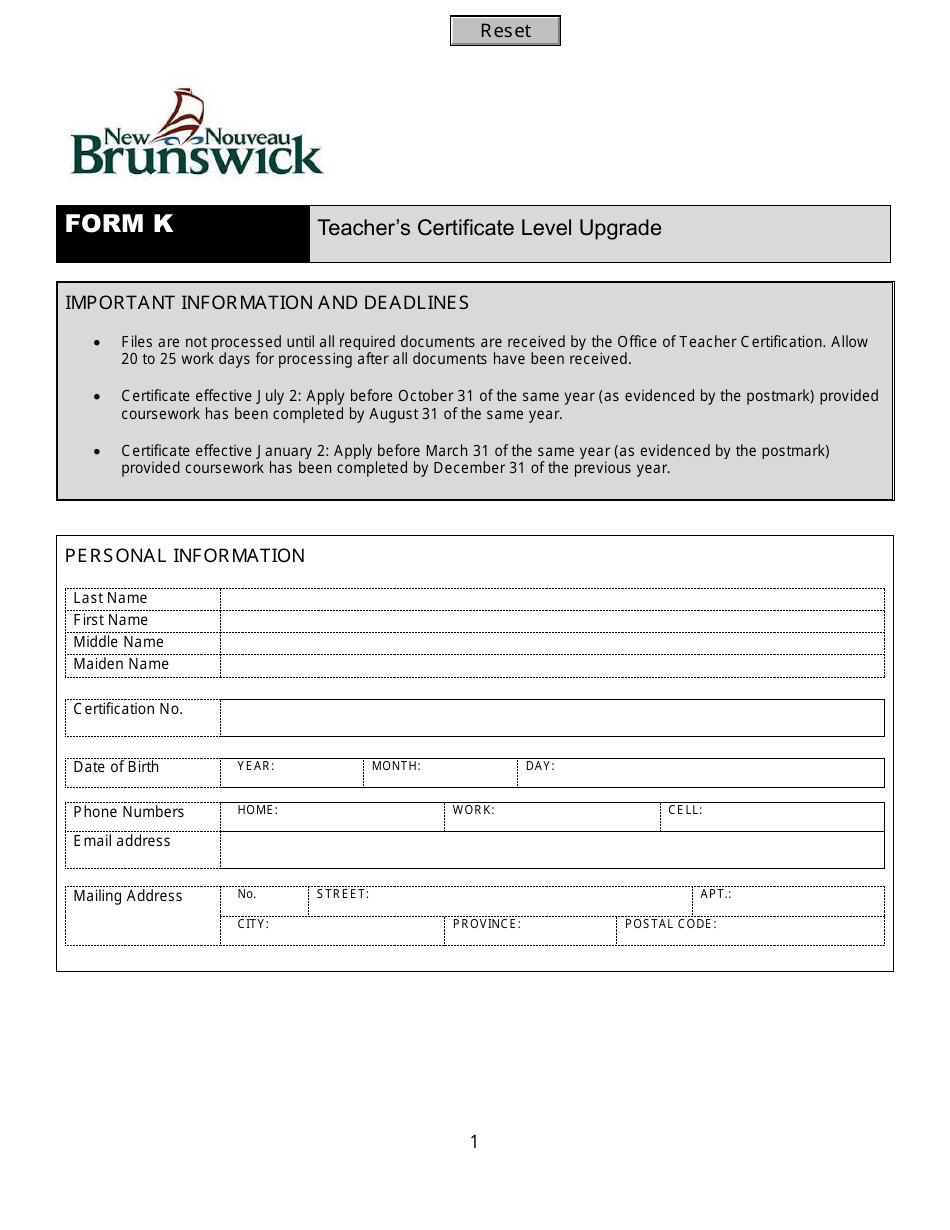 Form K Teachers Certificate Level Upgrade - New Brunswick, Canada, Page 1