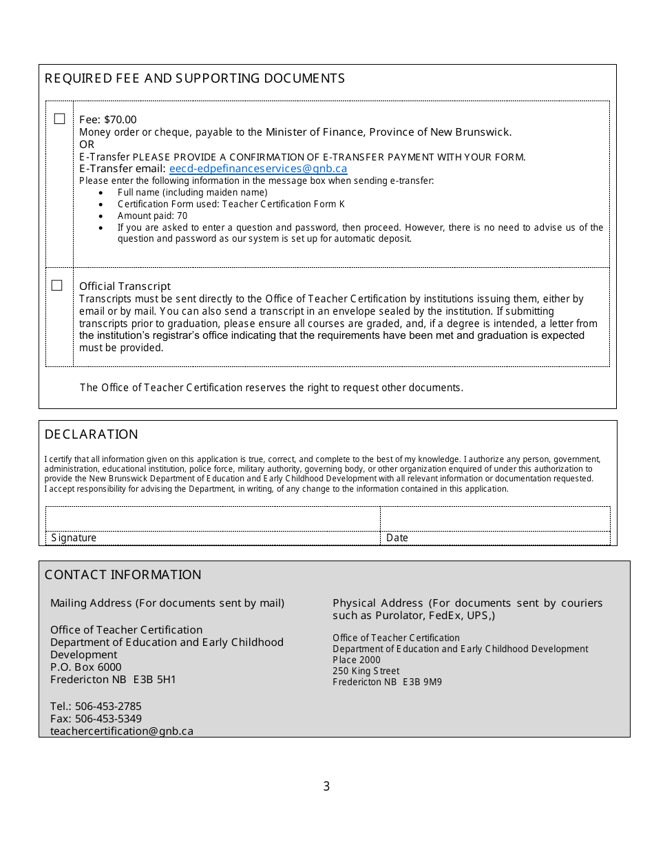 Form K Teachers Certificate Level Upgrade - New Brunswick, Canada, Page 3