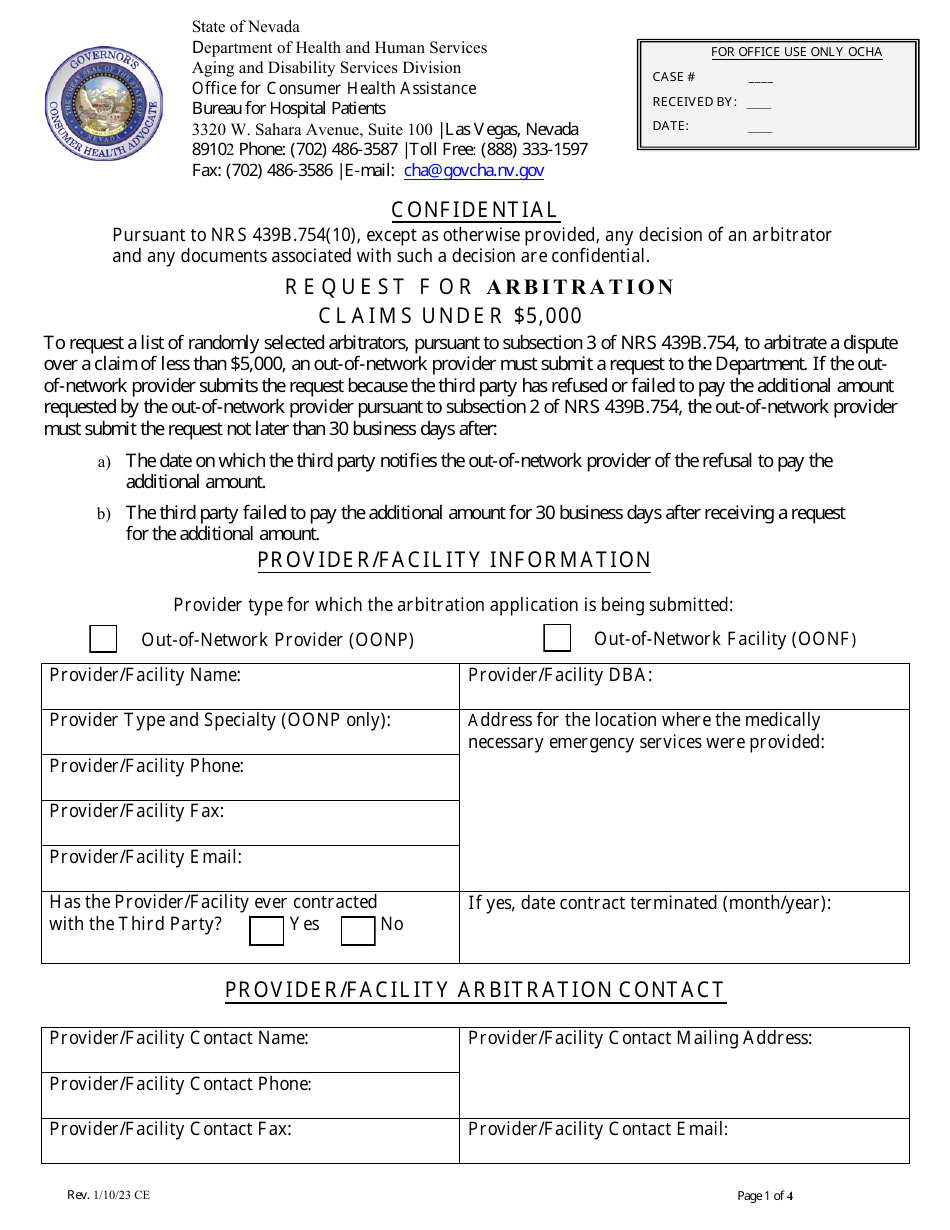 Request F or Arbitration Claims Under $5,000 - Nevada, Page 1
