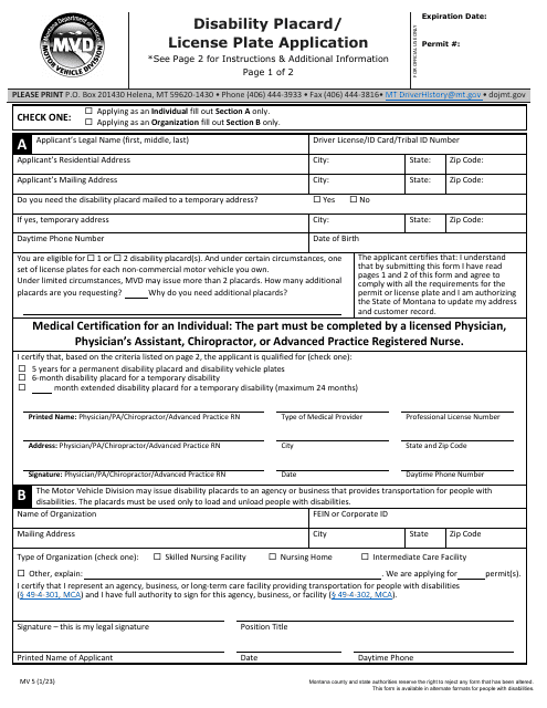 Form MV5 Disability Placard/License Plate Application - Montana