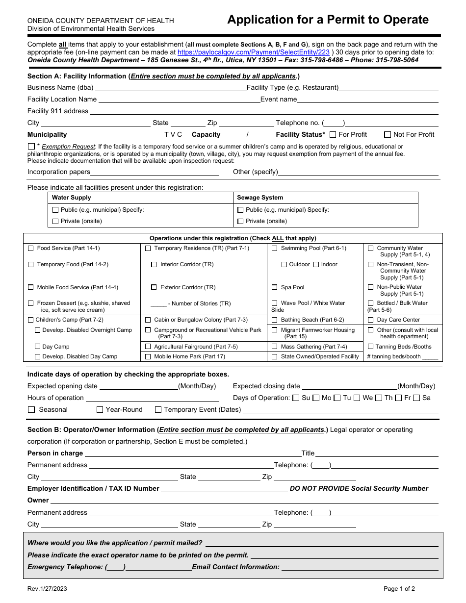 Application for a Permit to Operate - Oneida County, New York, Page 1