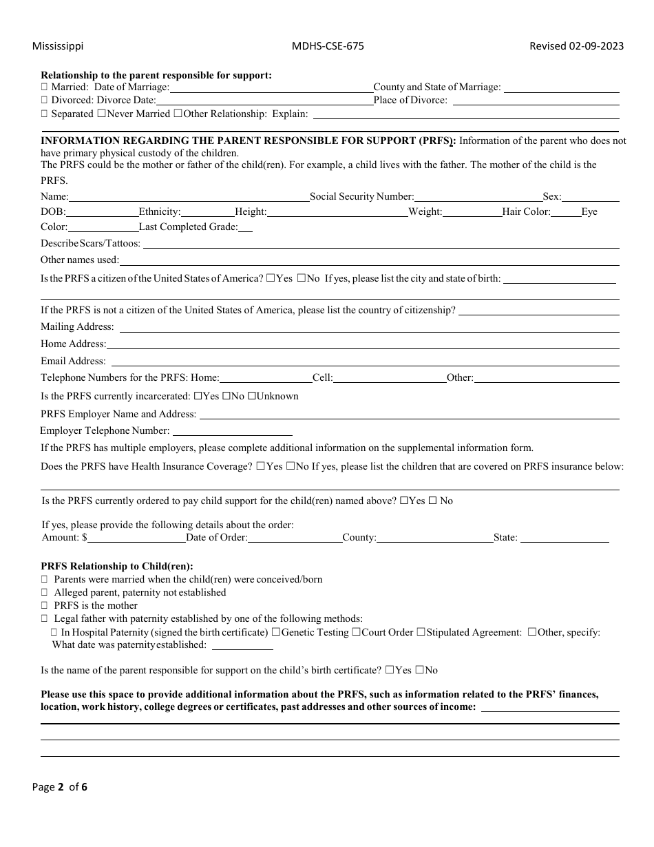 Form MDHS-CSE-675 Application for Child Support Services - Mississippi, Page 2