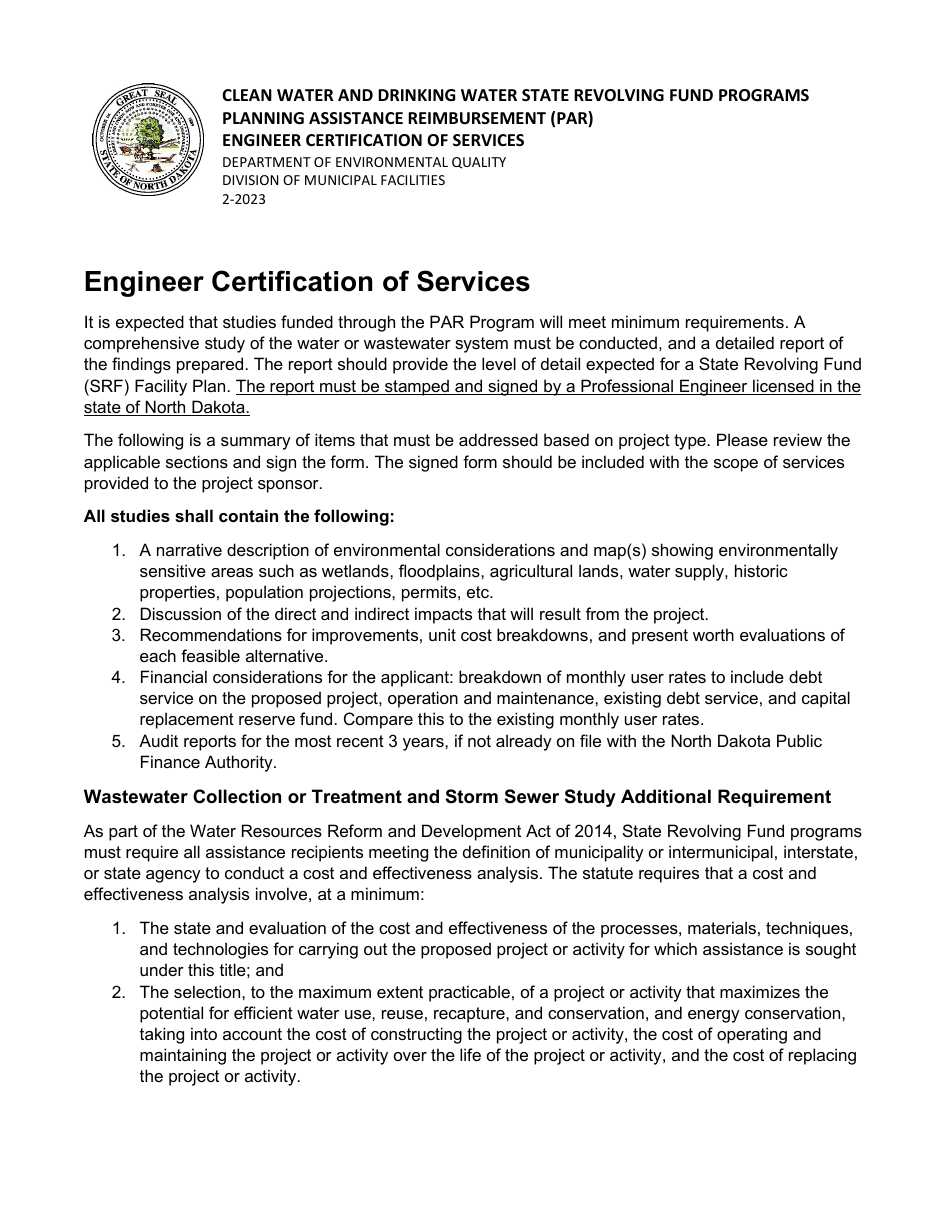 Planning Assistance Reimbursement (Par) Engineer Certification of Services - Clean Water and Drinking Water State Revolving Fund Programs - North Dakota, Page 1