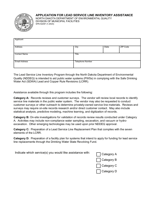 Form SFN62297 Application for Lead Service Line Inventory Assistance - North Dakota
