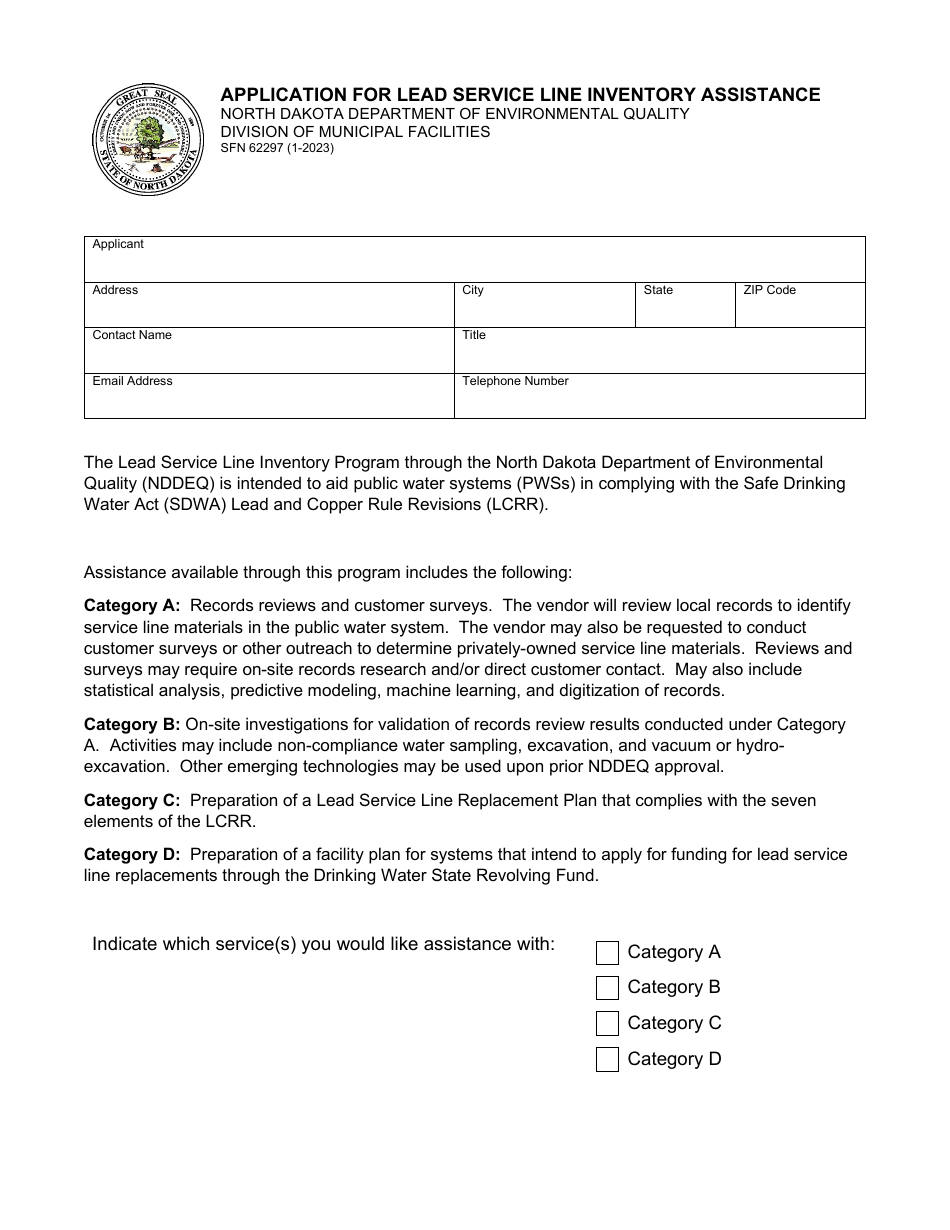Form SFN62297 Application for Lead Service Line Inventory Assistance - North Dakota, Page 1