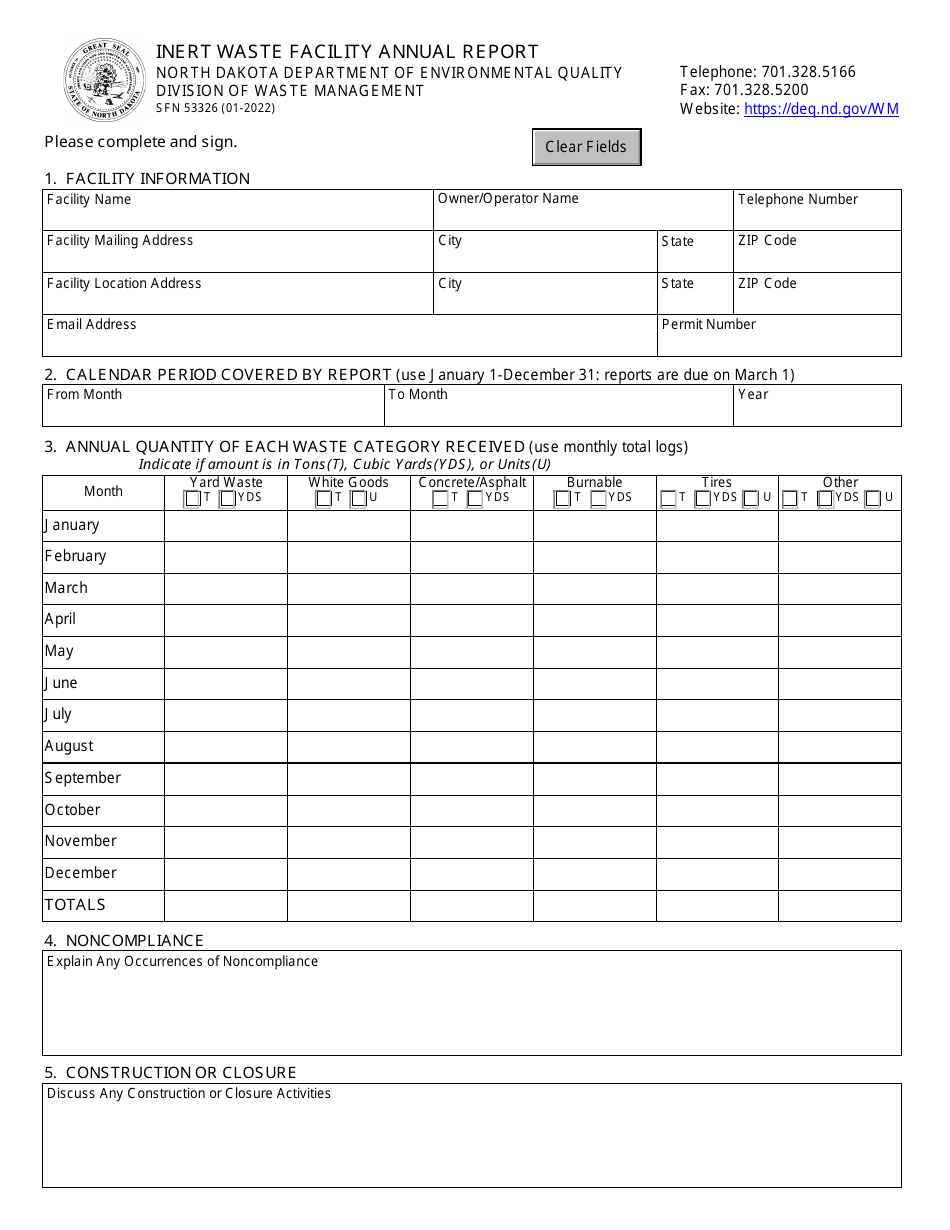 Form SFN53326 Inert Waste Facility Annual Report - North Dakota, Page 1