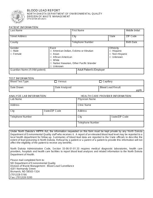 Form SFN60104 Blood Lead Report - North Dakota
